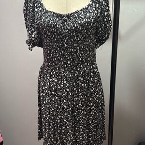 Black Floral Smocked Mini Dress with Puff Sleeves